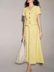 SHEIN Women's Elegant Metal Button Decor Short Sleeve Top And Casual Skirt 2-Piece Set - Yellow - View 5