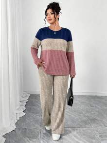 Elenzga Plus Size Brushed Ribbed Colorblock 3-Color Patchwork Crew Neck Long Sleeve Fitted T-Shirt + Brushed Ribbed Loose Long Pants 2-Piece Set, Elegant For Home, Outings, Dates, Gatherings And Parties - Multicolor - View 5