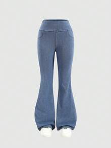 SHEIN Teen Girls Fashion Casual Washed Blue Denim Daily Sports Basic Stretch Slim Fit Yoga Flare Jeans, Pocket Design Soft And Comfortable, Suitable For Daily Wear And All Seasons - Light Wash - View 4
