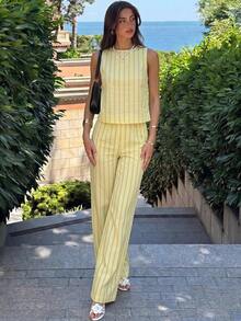 KARISMINA 2pcs/Set Women Solid Color Woven Fitted Tank Top & High Waist Loose Straight Pants Set Spring Outfits For Tropical Vacation Woman Clothes Linen Island - Light Yellow - View 2