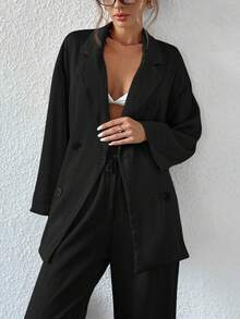 Aveloria Modichic Women Fall Textured 2 Pieces Set Button Down Shirt Wide Leg Pants Business Casual - Black - View 5