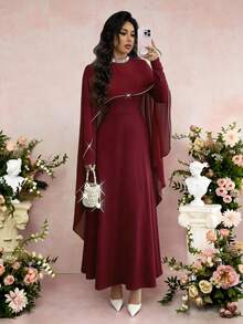Rafferiza 女士优雅水晶装饰派对礼服，适合春秋季穿着 - 酒紅色 - 查看 3