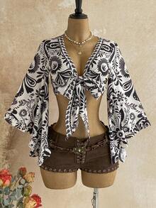 Soleia Women's All-Over Print Knot Front Casual Versatile Daily Travel Shirt - Multicolor - View 1