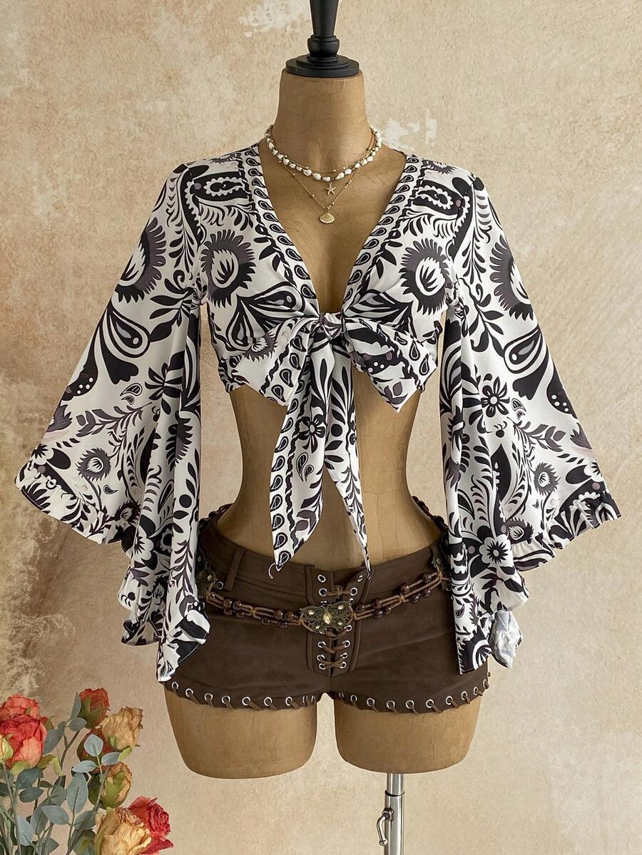 Soleia Women's All-Over Print Knot Front Casual Versatile Daily Travel Shirt - Multicolor - View 1