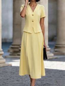 SHEIN Women's Elegant Metal Button Decor Short Sleeve Top And Casual Skirt 2-Piece Set - Yellow - View 7