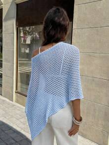 SHEIN Holidaya Women's Solid Color Hollow Out Casual Versatile Daily Wear Knit Top - Baby Blue - View 2