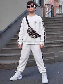 SHEIN 兒童青少年男孩幾何印花圓領長袖衛衣與秋季胸包長褲3件套，買2送1 - 彩色 - 查看 2
