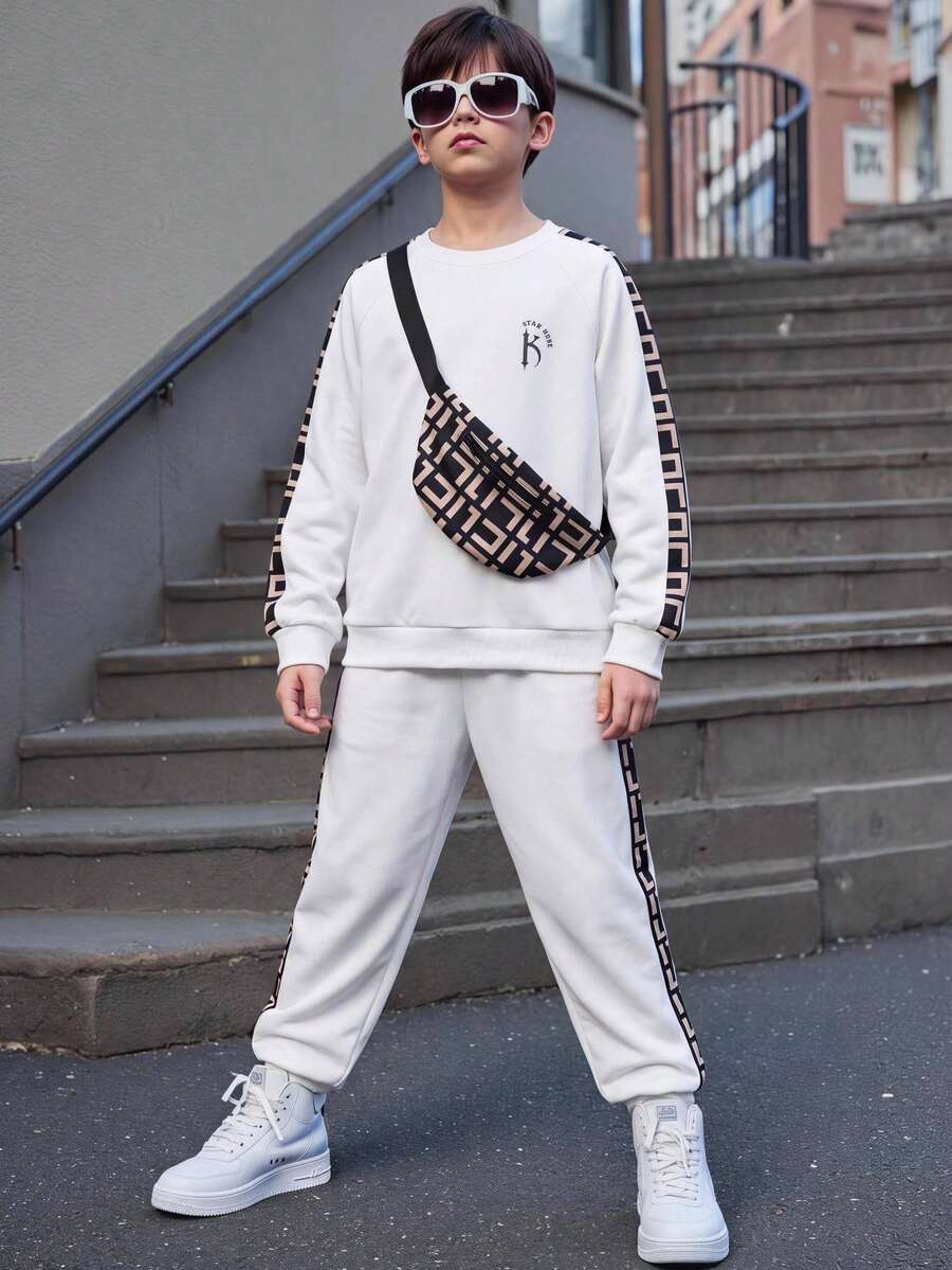 SHEIN 兒童青少年男孩幾何印花圓領長袖衛衣與秋季胸包長褲3件套，買2送1