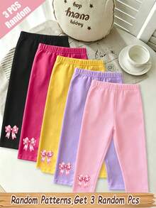 (Random 5 Pieces, Send 3 Pieces) Baby Girl Simple Pink Ribbon Bow Print Basic Colored Leggings, Spring Summer Autumn Winter All Season Daily Wear Pants - Multicolor - View 3