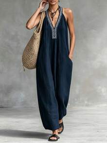 SHEIN Franclia Damen Marineblau V-Ausschnitt Bedruckter Ärmellos Jumpsuit Bohemian Stil Weite Hose Für Strandurlaub - marineblau - Übersicht 4