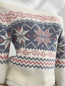 Elamini Autumn/Winter Casual Off-Shoulder Short Jacquard Sweater, Multiple Colors - Apricot - View 4