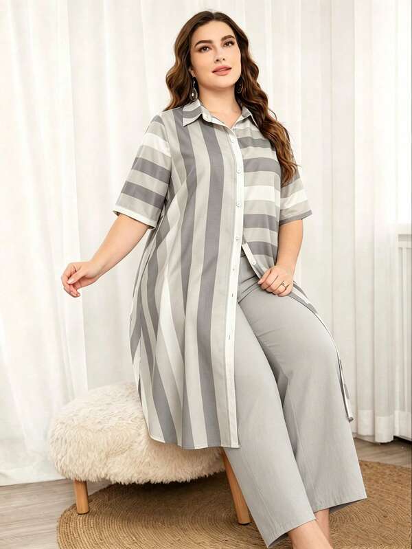 Lacomfia Striped Print Asymmetrical Patchwork Short Sleeve Loose Long Shirt With Wide Leg Pants, Fashionable Minimalist Casual Daily Plus Size 2 Pieces Set