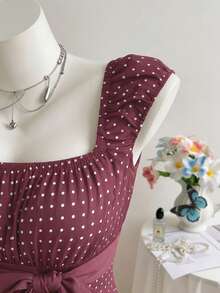 Elamini Women's Polka Dot Pattern Bow Decor Square Neck Dress - Burgundy - View 4