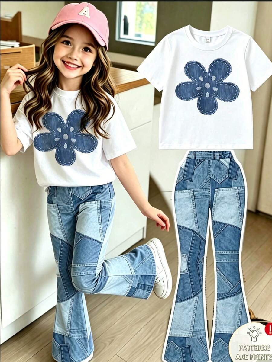 SHEIN 女童喇叭褲與T恤套裝,圓領T恤搭配仿丹寧8號印花花卉設計,時尚可愛仿丹寧拼接經典藍色喇叭褲,仿丹寧喇叭褲,適合春夏秋冬、上學、外出 - 彩色 - 查看 1
