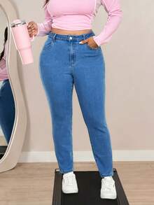 SHEIN ICON 大尺碼女款口袋修身百搭休閒牛仔褲 - 深色水洗藍 - 查看 6