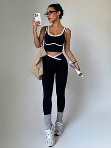 SHEIN Dewbera Conjunto deportivo de yoga sin costuras con bloques de color para mujer - Negro - Ver 6