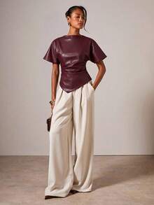 COSMINA Women's Autumn Fashion Solid Color Asymmetrical Hem T-Shirt - Elegant Burgundy, Suitable For Dinner Or Night Out, Burgundy PU, Autumn Top, PU Fabric Autumn - Burgundy - View 6