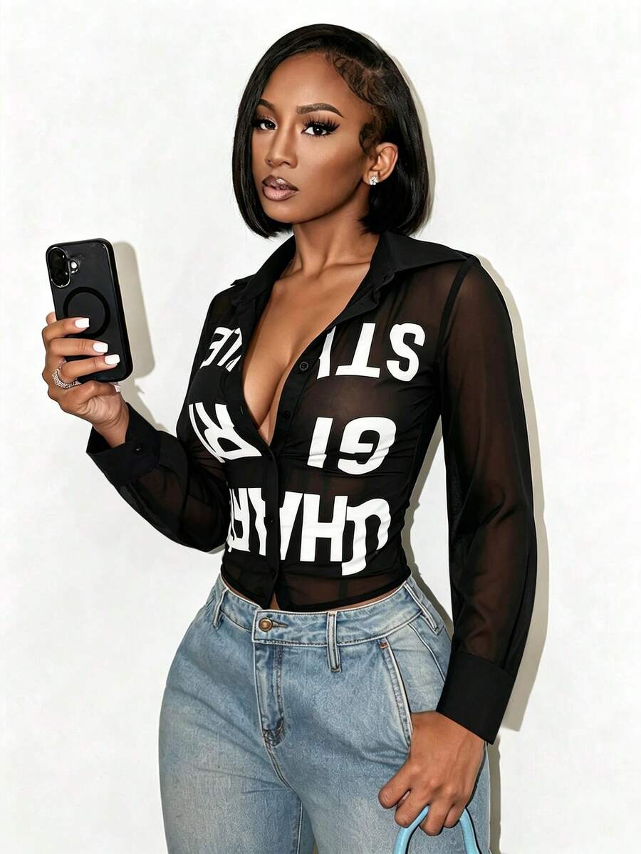 BamGleam Women's Letter Print Casual Versatile Daily Long Sleeve Shirt Night Out Black And White Summer - Black and White - View 1