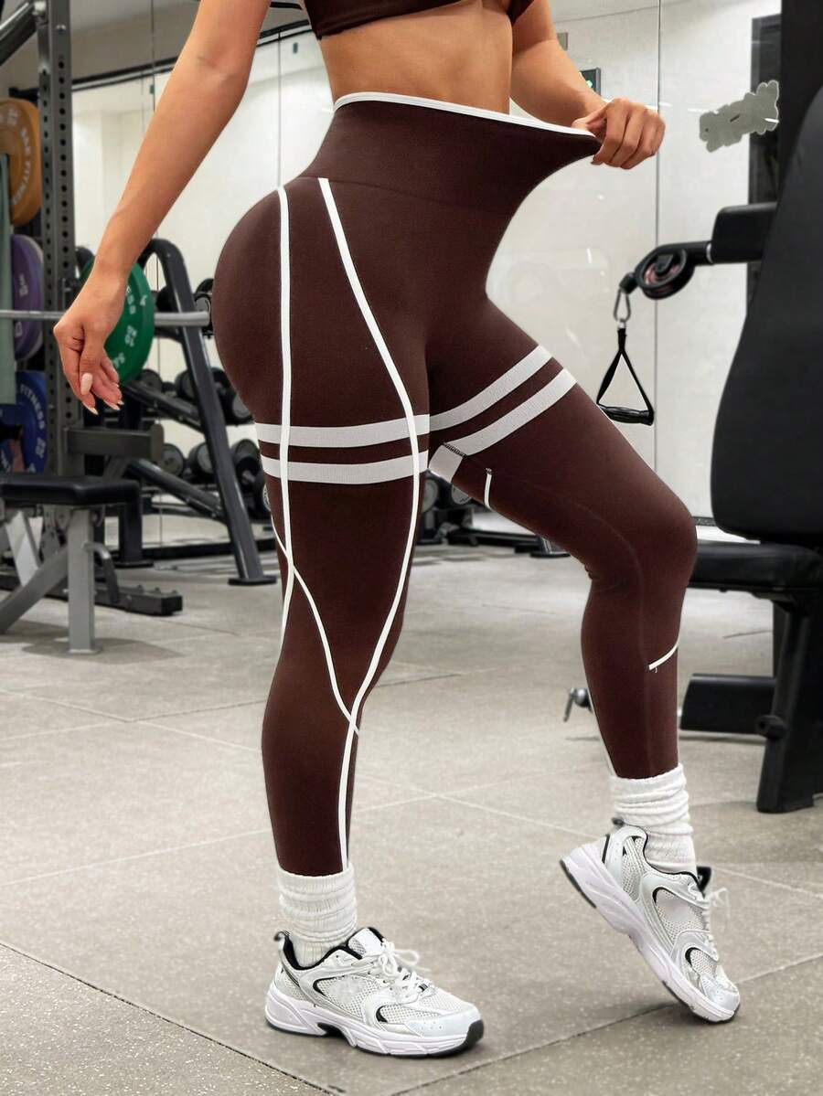 Slayform Slayform Contrast Stripe High Waist Seamless Sports Leggings - Brown - View 1