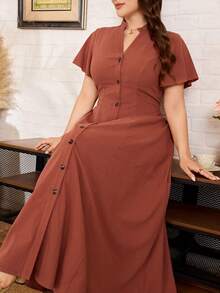 Lacomfia Plus Size Women's Solid Color Short Sleeve V-Neck Button Front Pleated Dress - Redwood - View 6