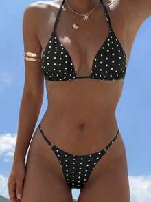 Swim Mod 2pcs Polka Dot Print Sexy Bikini Set, Micro Triangle Briefs, Summer - Black and White - View 1