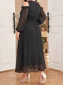 Modelyn Robe élégante à imprimé pois, col en V, épaules dénudées, manches longues, taille cintrée, coupe trapèze, coupe régulière, grande taille, pour le printemps et l'automne - Noir - Voir 2