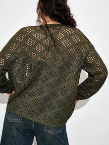 Nubod Fashionable New Army Green Hollow Design Knit Cardigan Women's Autumn Lightweight Outerwear V-Neck Plus Size Cardigan Formal Vacation Casual Bohemian - Army Green - View 2