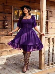 Ceyna Plus Size Spring/Summer Square Neck Cap Sleeve Short Dress Casual Boho Country Versatile Decorative Button Dress Concert Dark Purple - Purple - View 5