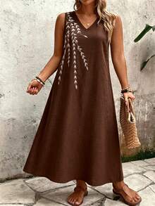 Linhara CURVE Plus Size Light Khaki Sleeveless V-Neck Willow Leaf Embroidered Loose Fit Dress - Coffee Brown - View 6