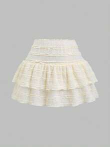 Sweetra Falda con dobladillo de doble capa, estampado de números y ribete de volantes de unicolor, casual y de resort estilo Y2K - Albaricoque - Ver 2