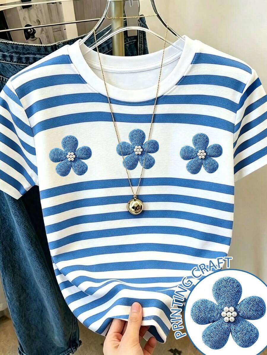 Resyla Women's Simple Floral Striped Print Colorblock Round Neck T-Shirt - White - View 1