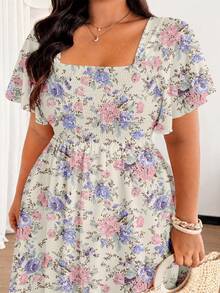 Ceyna Plus Size Women Square Neck Pleated Ditsy Floral Dress Maxi Women Outfit - Yellow - View 7