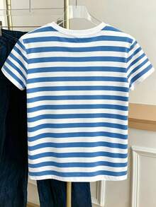 Resyla Women's Simple Floral Striped Print Colorblock Round Neck T-Shirt - White - View 2