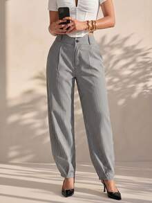 Structelle Women's Spring/Autumn Elegant Casual High-Waist Double-Button Pleated Straight-Leg Tapered Trousers - Black and White - View 1