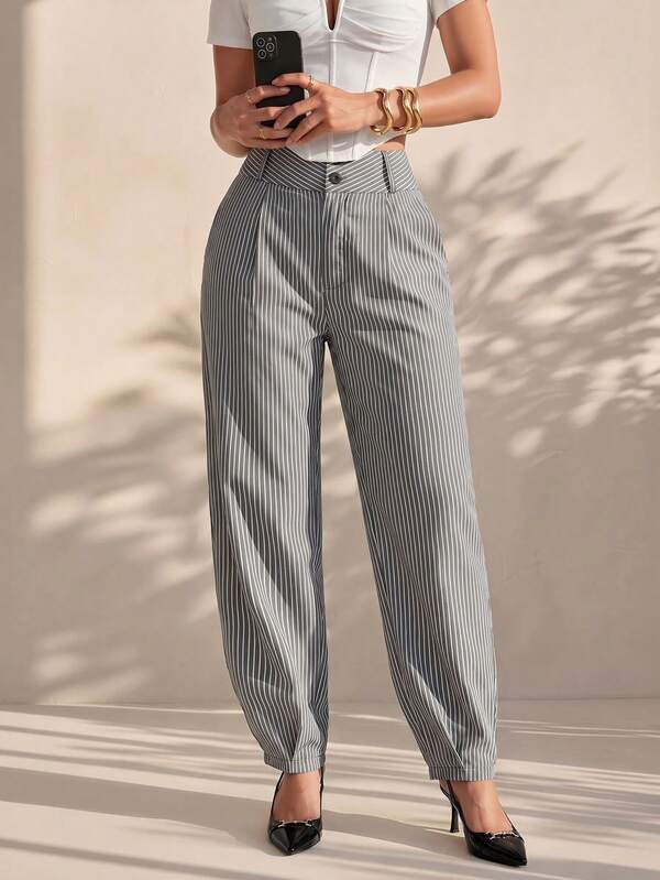 Structelle Women's Spring/Autumn Elegant Casual High-Waist Double-Button Pleated Straight-Leg Tapered Trousers