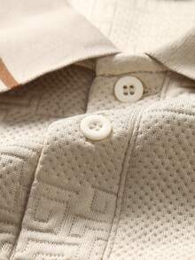 EGENSIO Men's Knitted Jacquard Solid Color Textured Collar & Cuffs Ribbed 2-Button Apricot Polo Shirt - Apricot - View 8