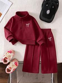 SHEIN 女嬰蝴蝶結刺繡衛衣與長褲套裝 返校季秋季款 - 酒紅色 - 查看 1