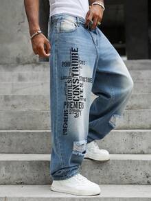 GALLERY FADE Men's Light Wash Wide Leg Jeans, Street Style Letter Print Distressed Long Pants, Casual Wide Leg Ripped Jeans - Blue - View 7