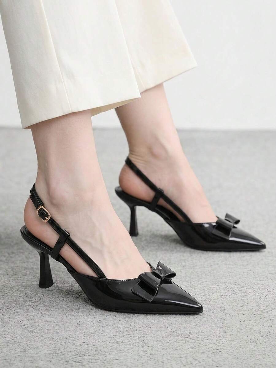 CUCCOO BIZCHIC Retro Glossy Bow High Heels, Pointed Slingback Strap Dating Women's Shoes - Black - View 1