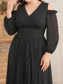 Modelyn Robe élégante à imprimé pois, col en V, épaules dénudées, manches longues, taille cintrée, coupe trapèze, coupe régulière, grande taille, pour le printemps et l'automne - Noir - Voir 8