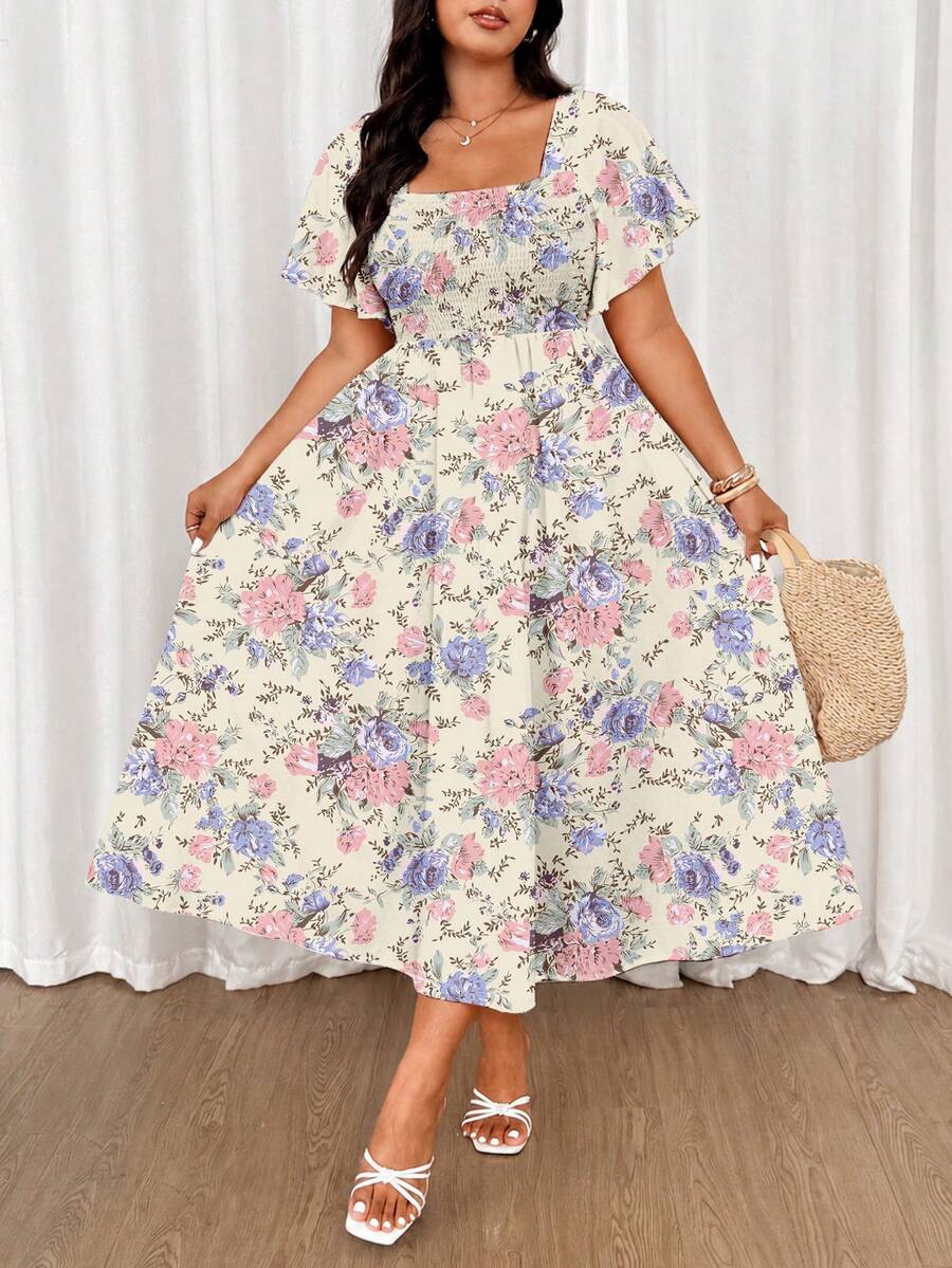 Ceyna Plus Size Women Square Neck Pleated Ditsy Floral Dress Maxi Women Outfit - Yellow - View 1