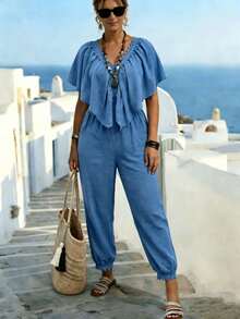 SHEIN LUNE CURVE Plus Size Women's V-Neck Pleated Casual Everyday Jumpsuit - Blue - View 8
