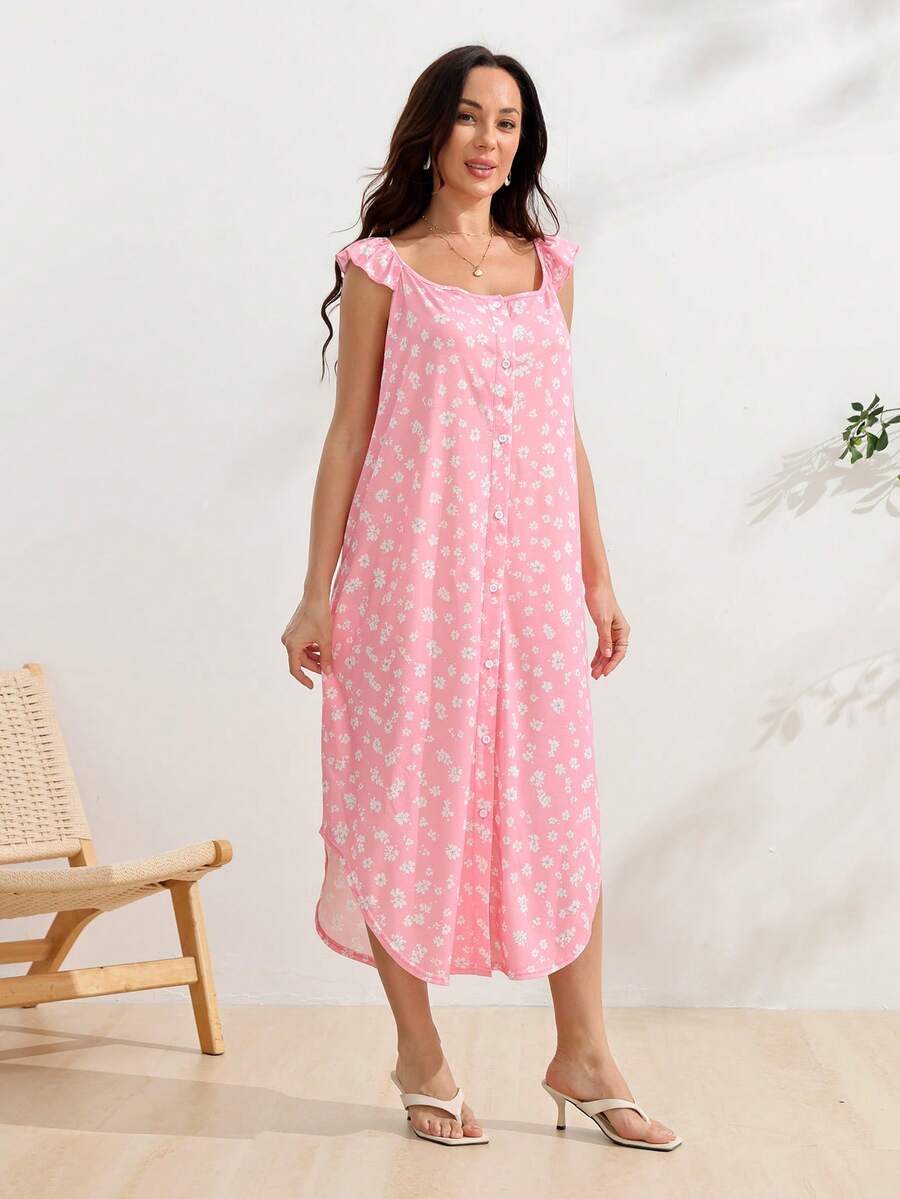 SHEIN Maternity Ditsy Floral Front And Back Button Maternity Dress - Pink - View 1