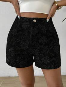 SHEIN Unity 女款提花高腰時尚百搭短褲 - 黑色 - 查看 5