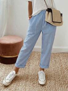 SHEIN LUNE Pantalones casuales de vacaciones con cintura elástica a rayas - Multicolor - Ver 1