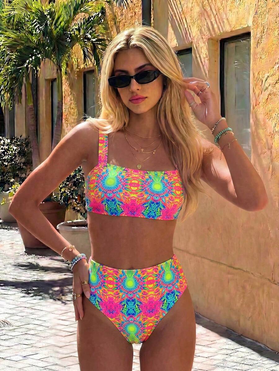 Swim Vcay Summer Women's Swimwear Multi-Color Random Print Shoulder Strap Top And High-Waist Swim Bottoms Beach Vacation 2 Pieces Bikini Set - Multicolor - View 1