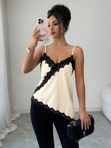 SHEIN Raffinéa 女款優雅法式蕾絲拼接不對稱下擺細肩帶背心 - 彩色 - 查看 4
