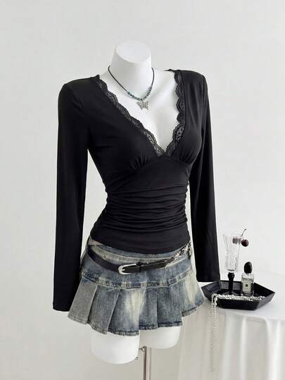 Elamini Women's Black High Elastic V-Neck Lace Trim Ruched Slim Fit Sexy Y2K European & American Style Vintage Long Sleeve T-Shirt