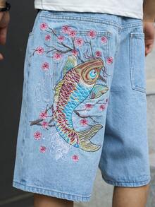 Manfinity EMRG Men's Street Style Casual Embroidered Blue Denim Shorts - Light Wash - View 6