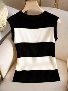 SHEIN Franclia Minimalist Commuter V-Neck Sleeveless Striped Print Colorblock Casual Tank Top For Women, Daily Wear, College Style - Black - View 2